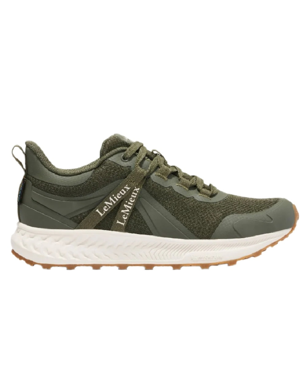 Khaki coloured LeMieux Trax Waterproof Trainers on white background 