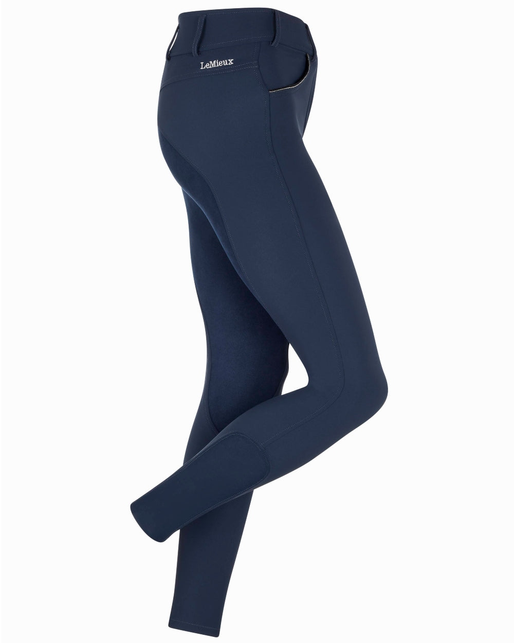 Navy coloured LeMieux Victoria Suede Seat Breeches on white background 