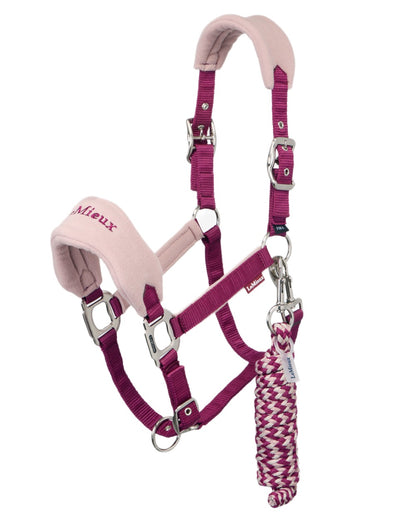 Blackberry coloured LeMieux Vogue Headcollar &amp; Leadrope on white background 