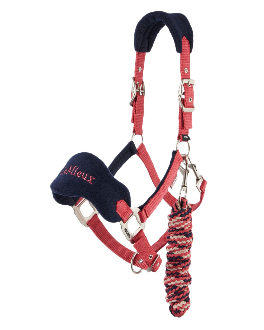 Cranberry coloured LeMieux Vogue Headcollar &amp; Leadrope on white background 