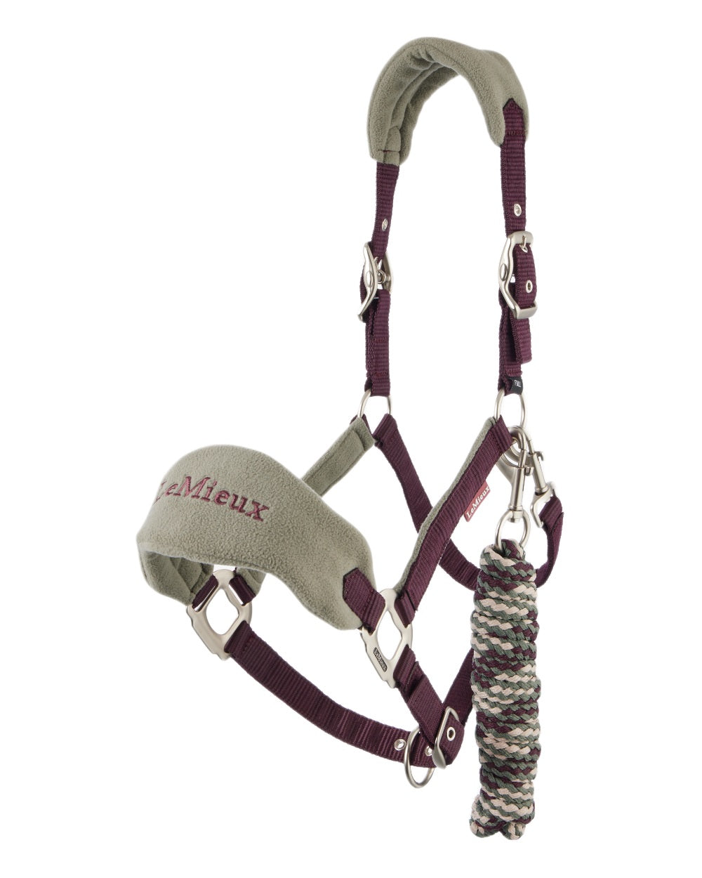 Damson coloured LeMieux Vogue Headcollar &amp; Leadrope on white background 