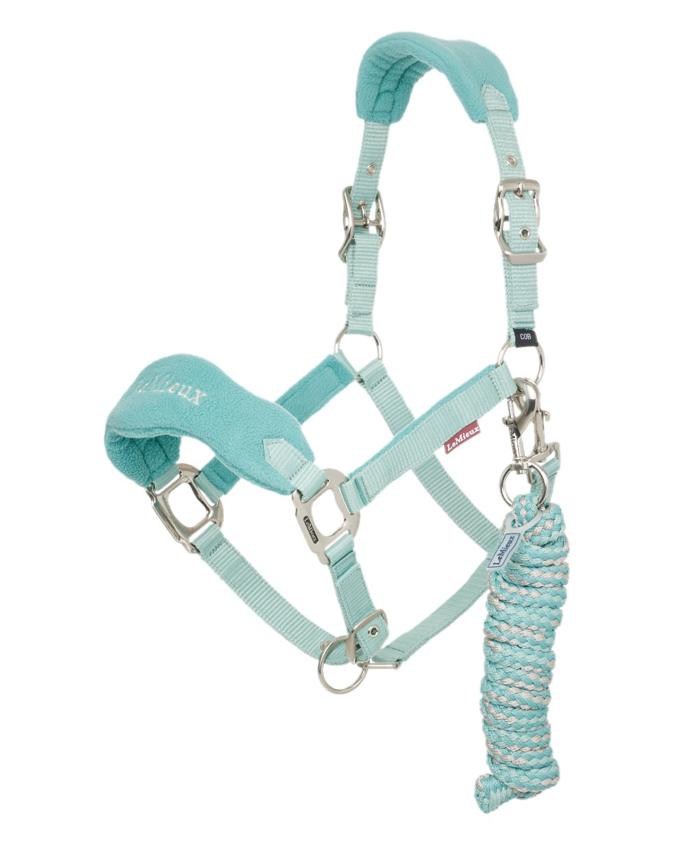 Lagoon coloured LeMieux Vogue Headcollar &amp; Leadrope on white background 