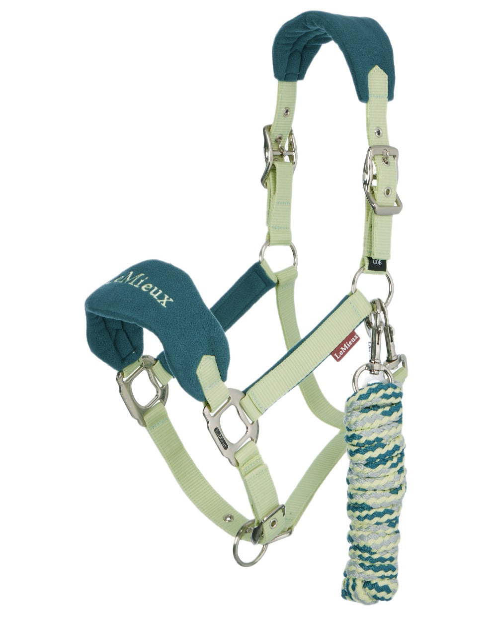 Macaron coloured LeMieux Vogue Headcollar &amp; Leadrope on white background 