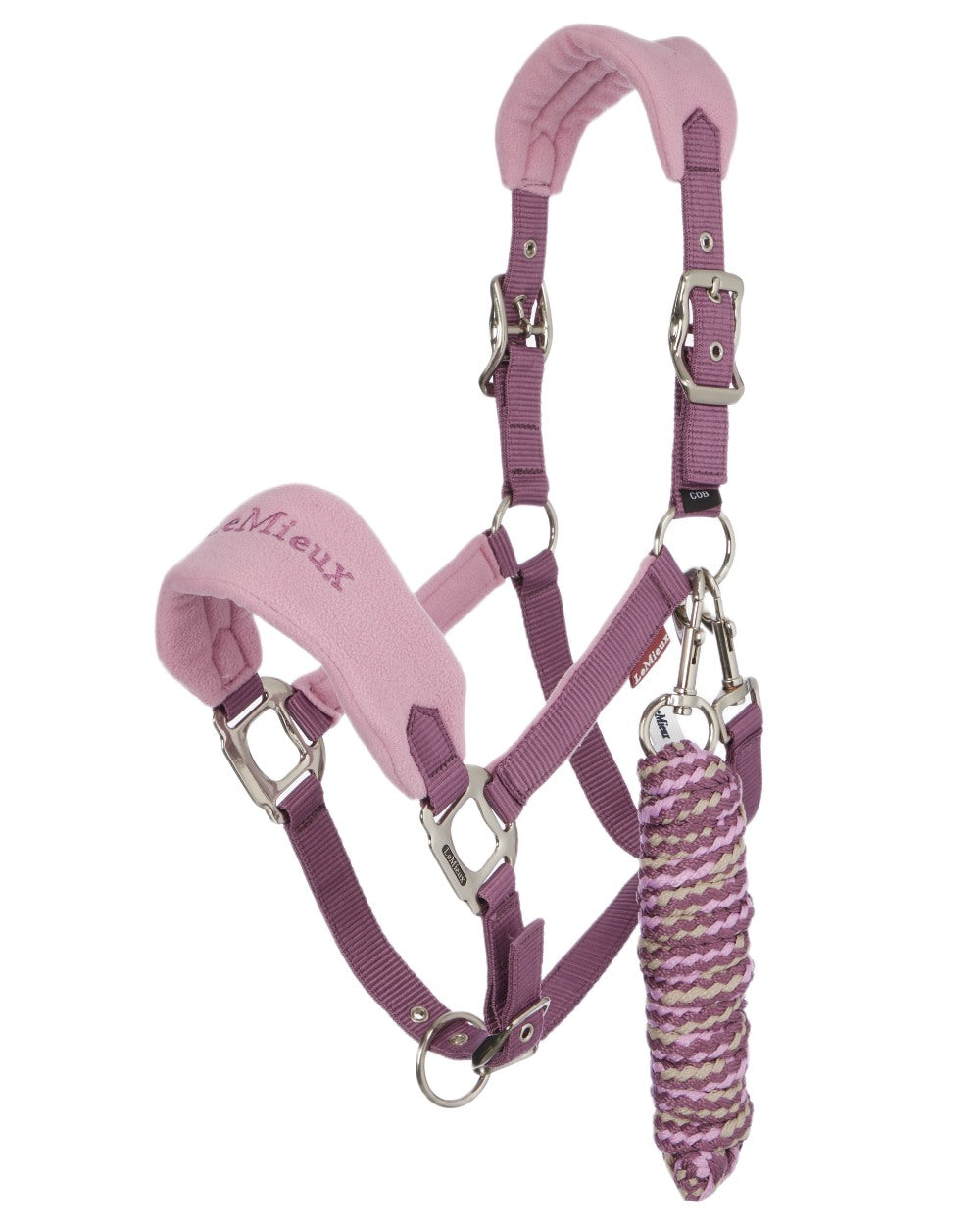 Mallow coloured LeMieux Vogue Headcollar &amp; Leadrope on white background 