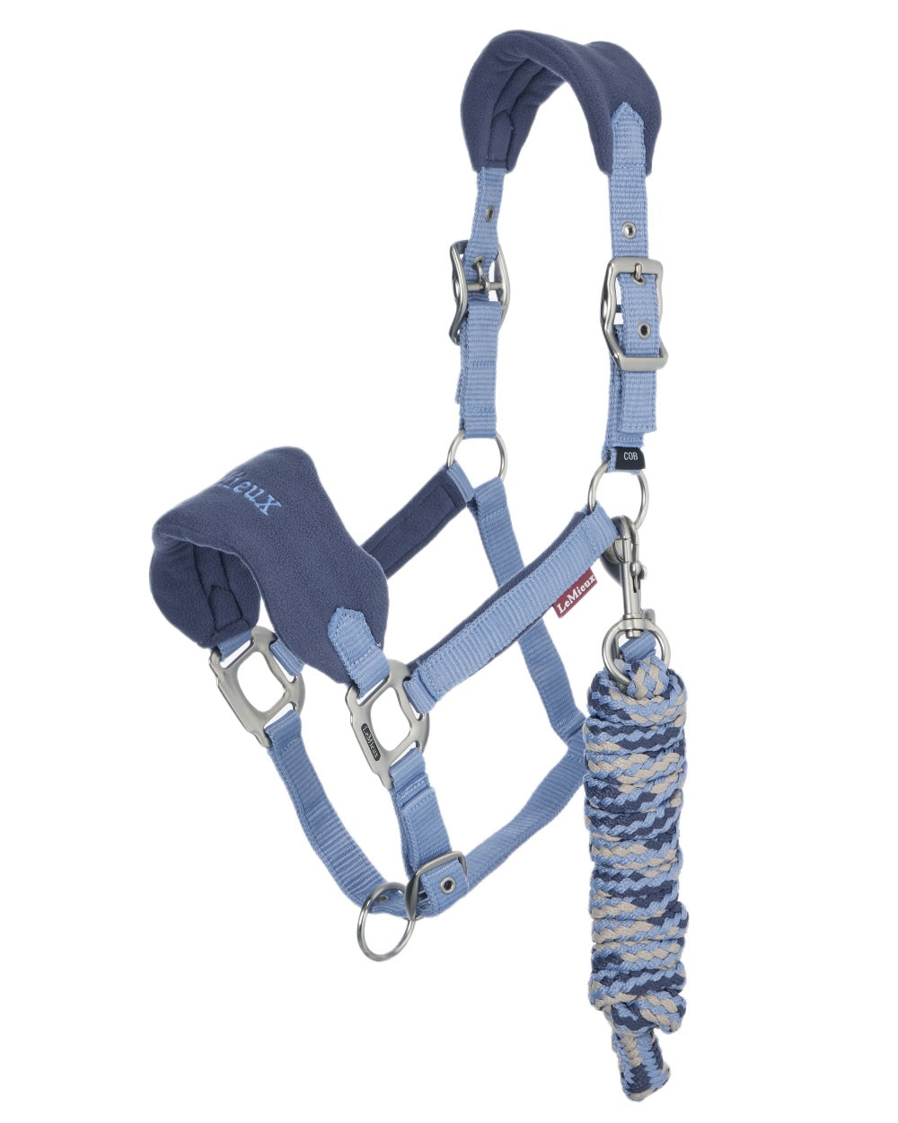Powder Blue coloured LeMieux Vogue Headcollar &amp; Leadrope on white background 