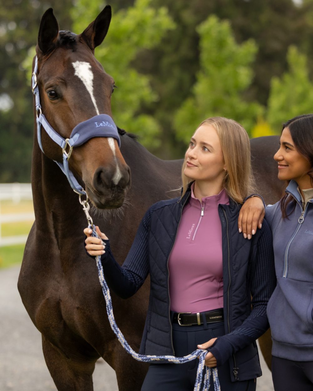 Powder Blue coloured LeMieux Vogue Headcollar &amp; Leadrope on outdoor background 