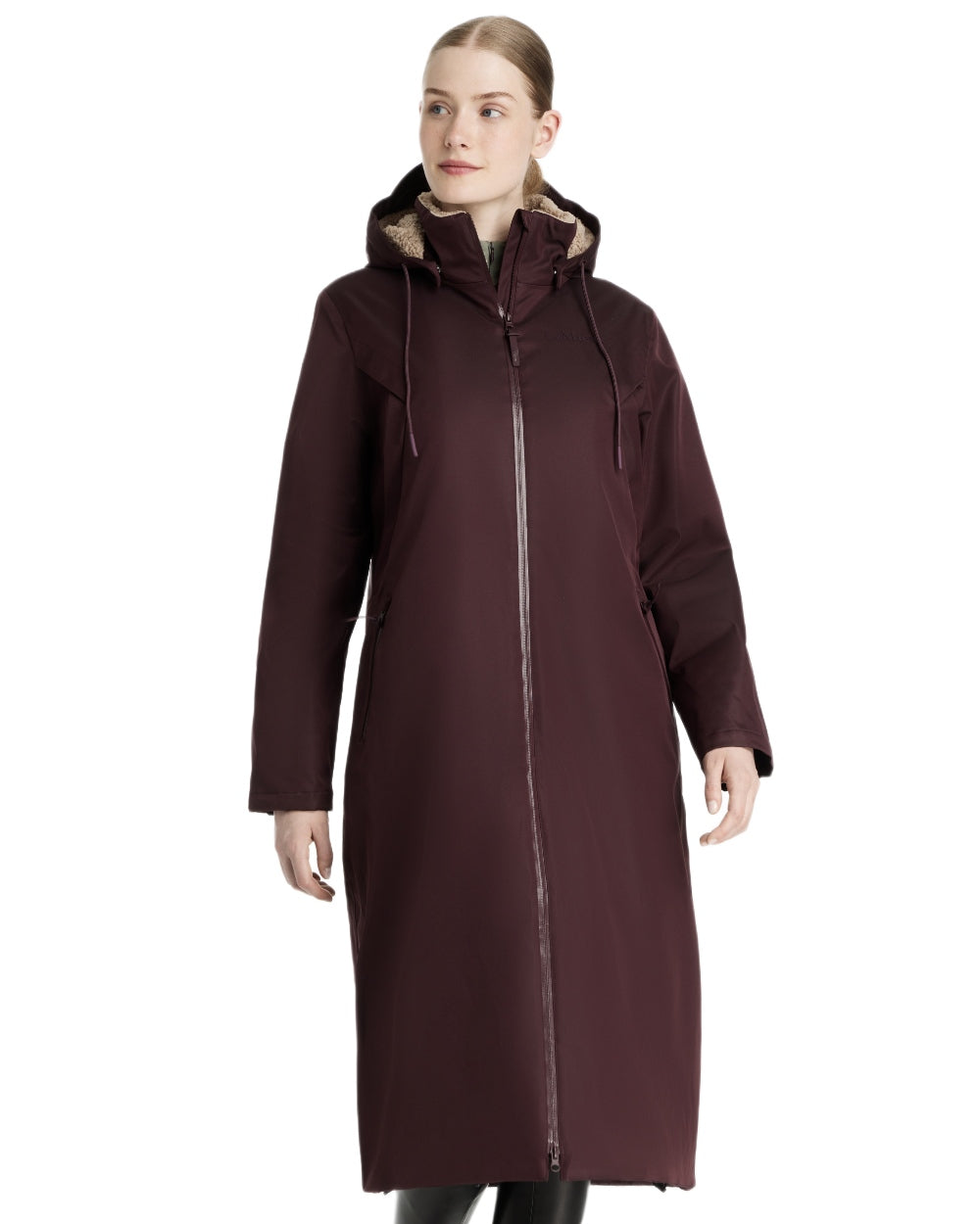 Damson coloured LeMieux Womens All Elements Robe Coat on white background 