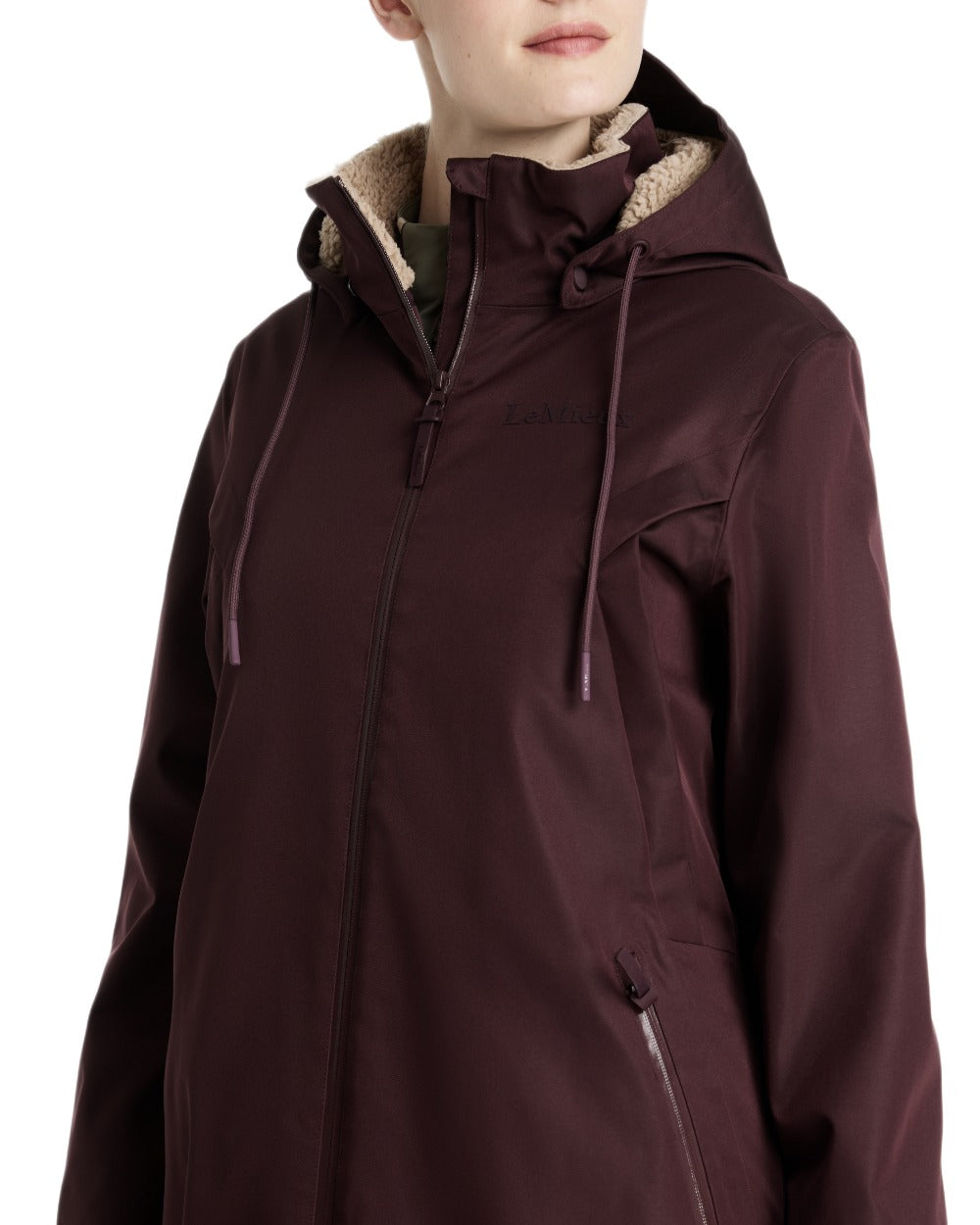 Damson coloured LeMieux Womens All Elements Robe Coat on white background 