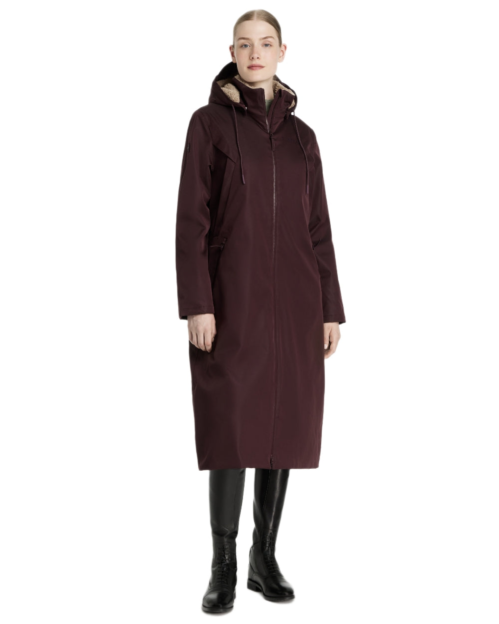 Damson coloured LeMieux Womens All Elements Robe Coat on white background 