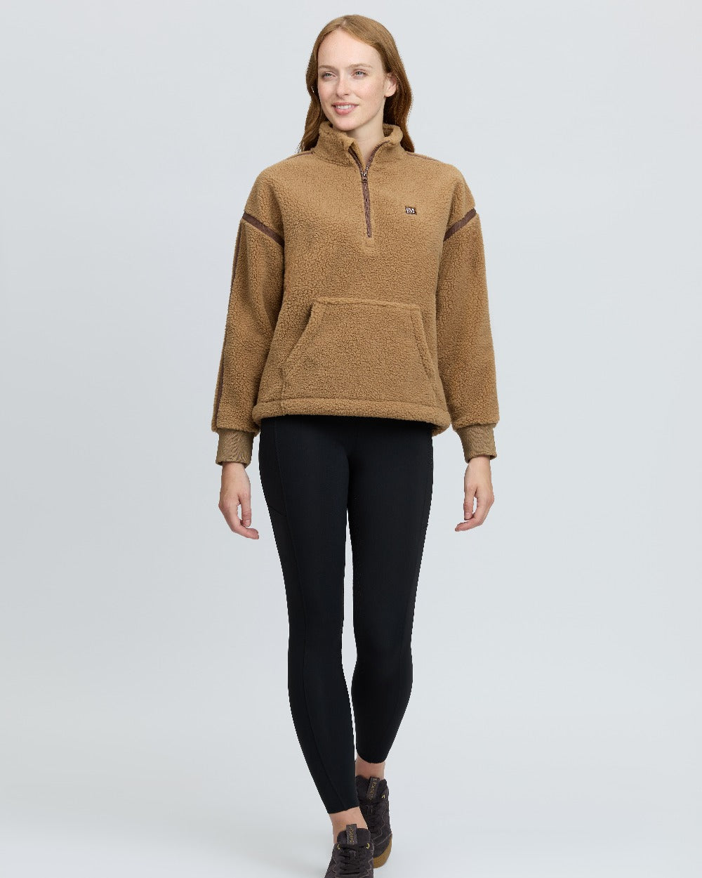 Caramel Coloured LeMieux Womens Avery Teddy Quarter Zip Fleece on White Background 