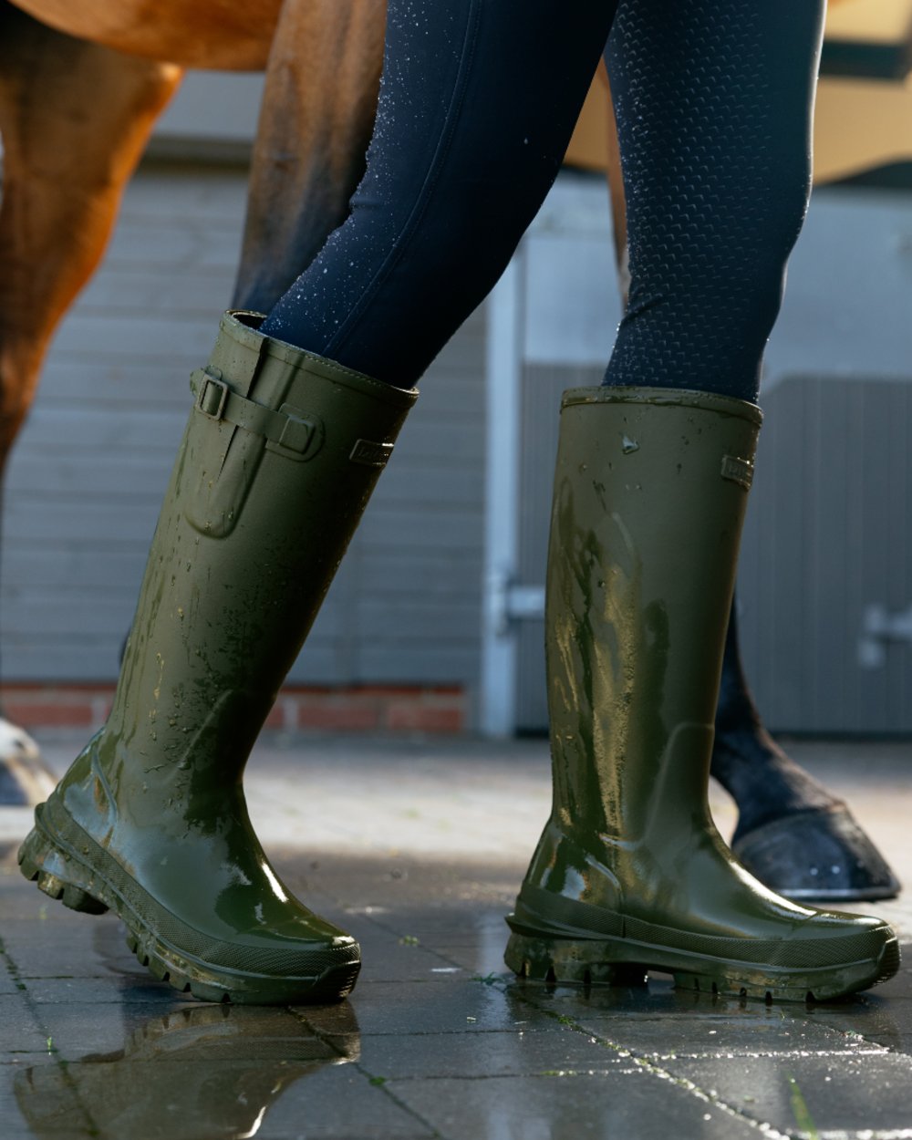 Olive coloured LeMieux Womens Bramshaw Welly on outdoor background 