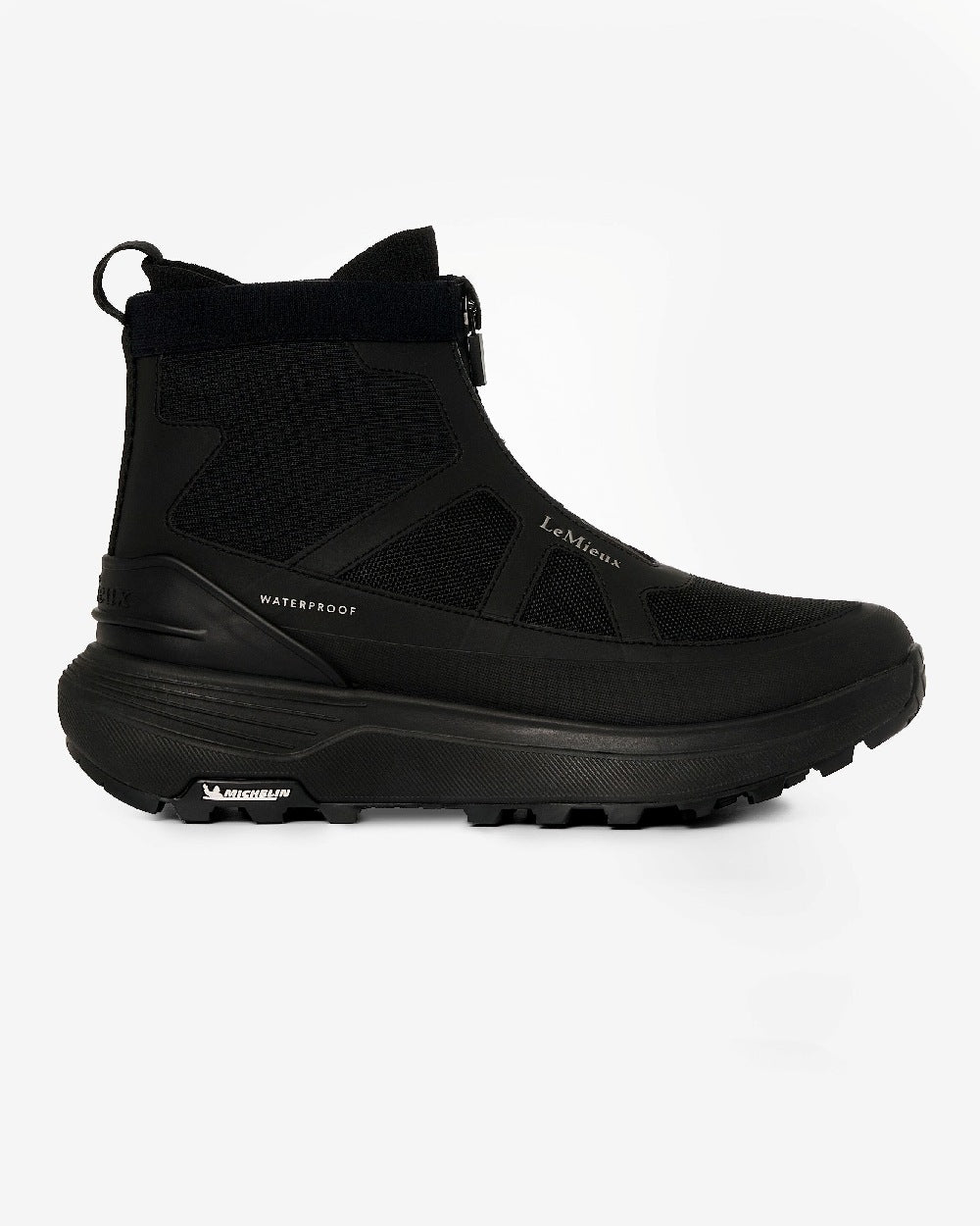 Black Coloured LeMieux Womens Cavara Performance high Top Trainer on White Background 