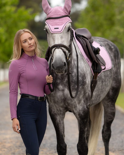 Mallow coloured LeMieux Womens Classique Base Layer on outdoor background 