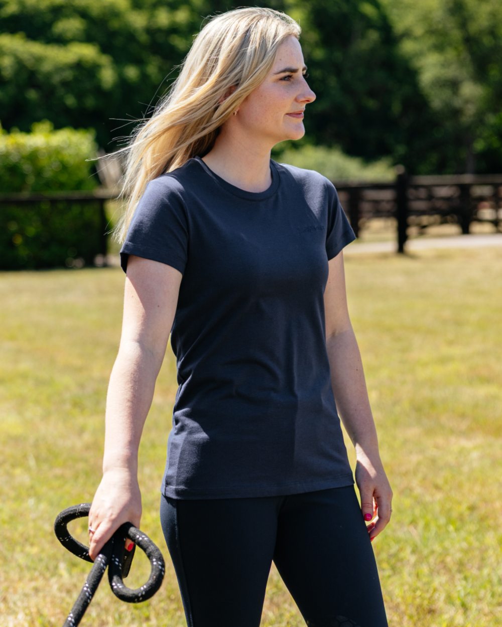 Navy coloured LeMieux Womens Classique T-Shirt on outdoor background 