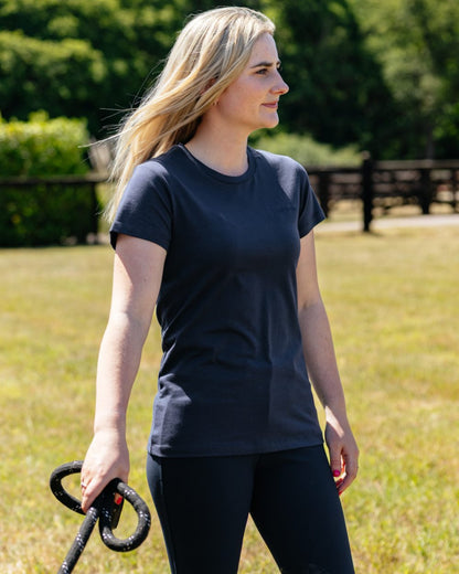 Navy coloured LeMieux Womens Classique T-Shirt on outdoor background 