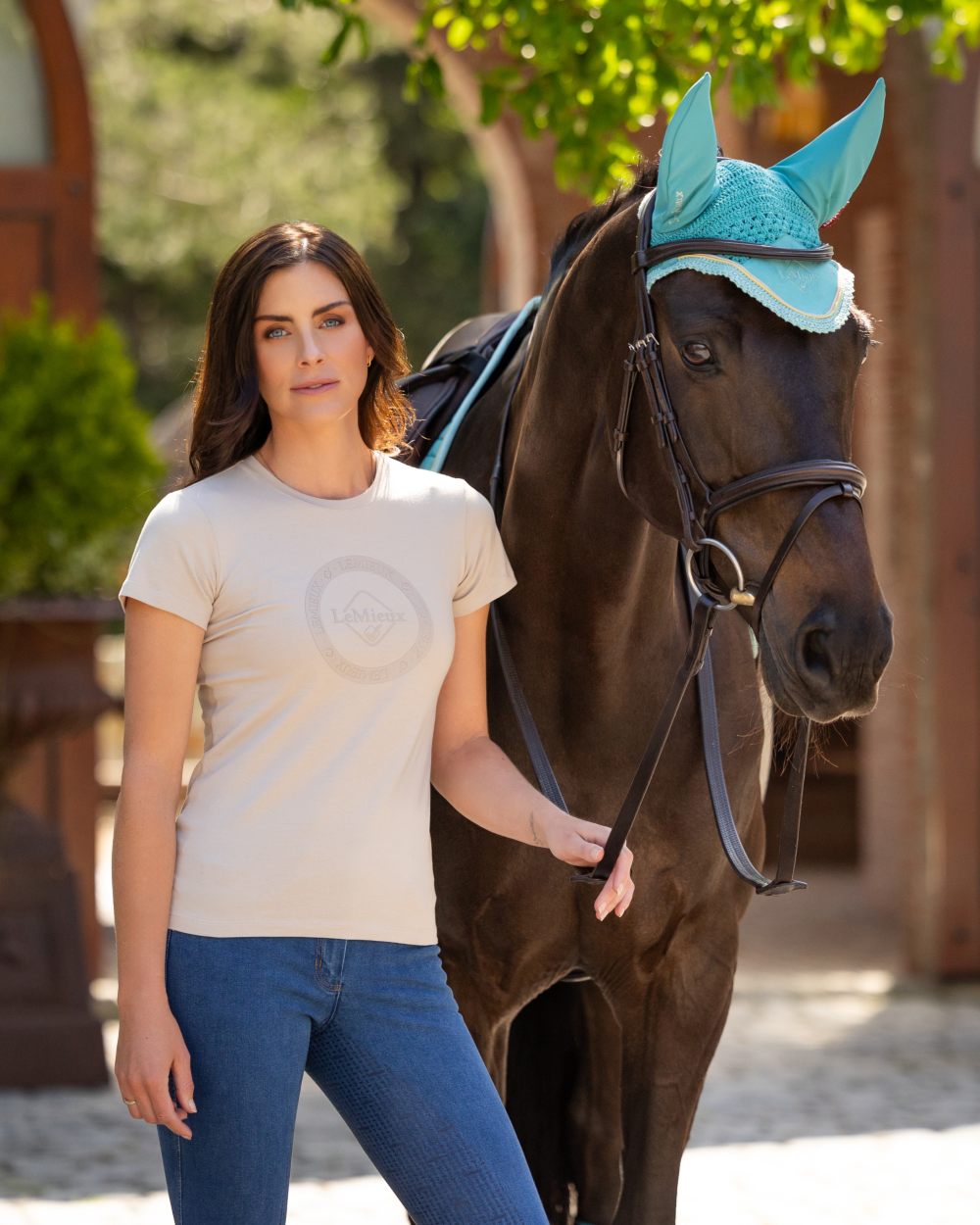 Stone coloured LeMieux Womens Classique T-Shirt on street background 