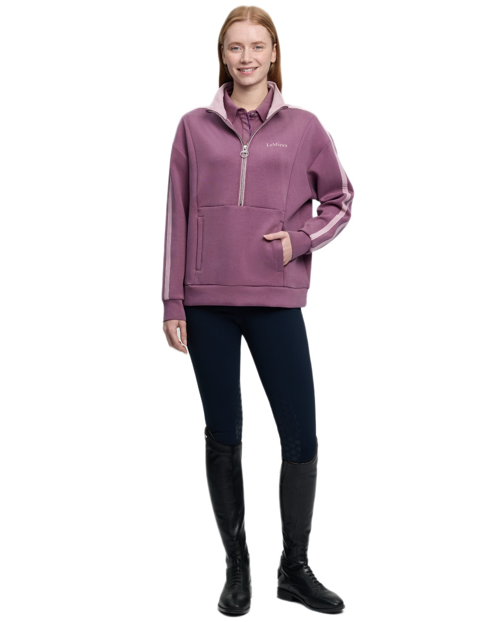Mallow coloured LeMieux Womens Connie Half Zip Sweatshirt on white background 