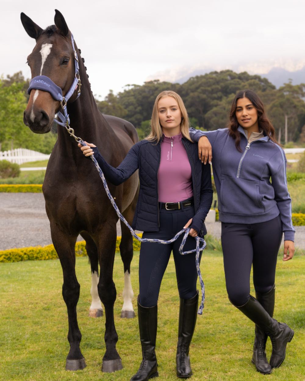 Navy coloured LeMieux Womens Connie Half Zip Sweatshirt on outdoor background 