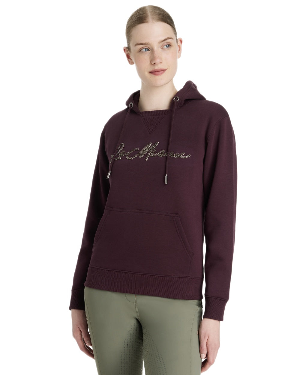 Damson coloured LeMieux Womens Elspeth Hoodie on white background 