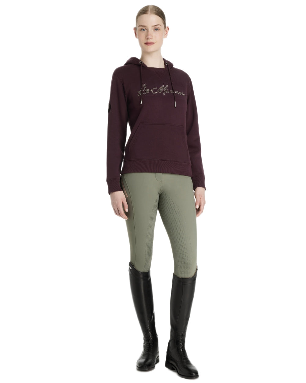 Damson coloured LeMieux Womens Elspeth Hoodie on white background 