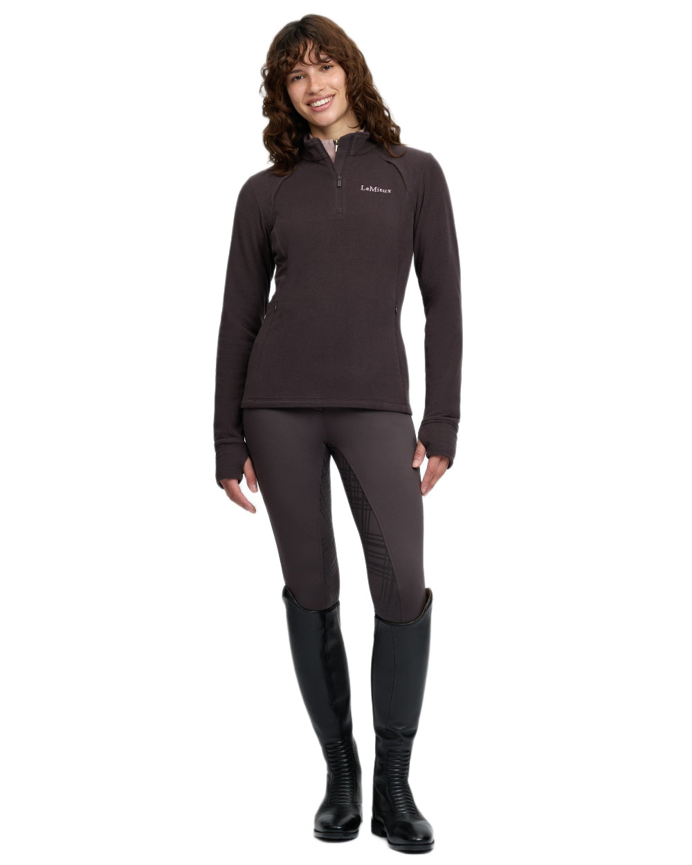 Cocoa coloured LeMieux Frances Quarter Zip Fleece on white background 