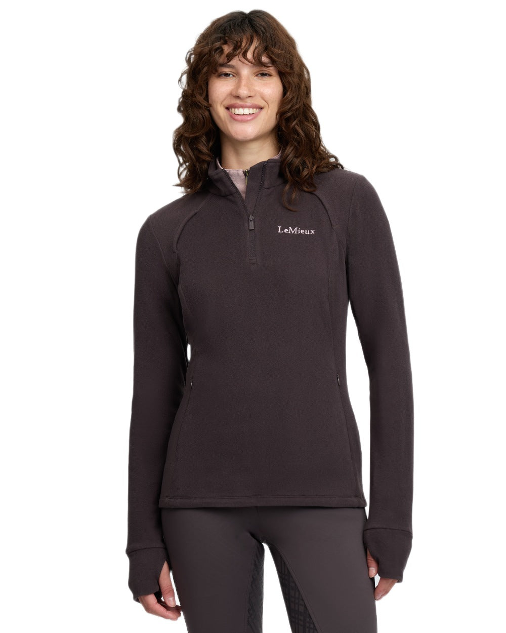 Cocoa coloured LeMieux Frances Quarter Zip Fleece on white background 