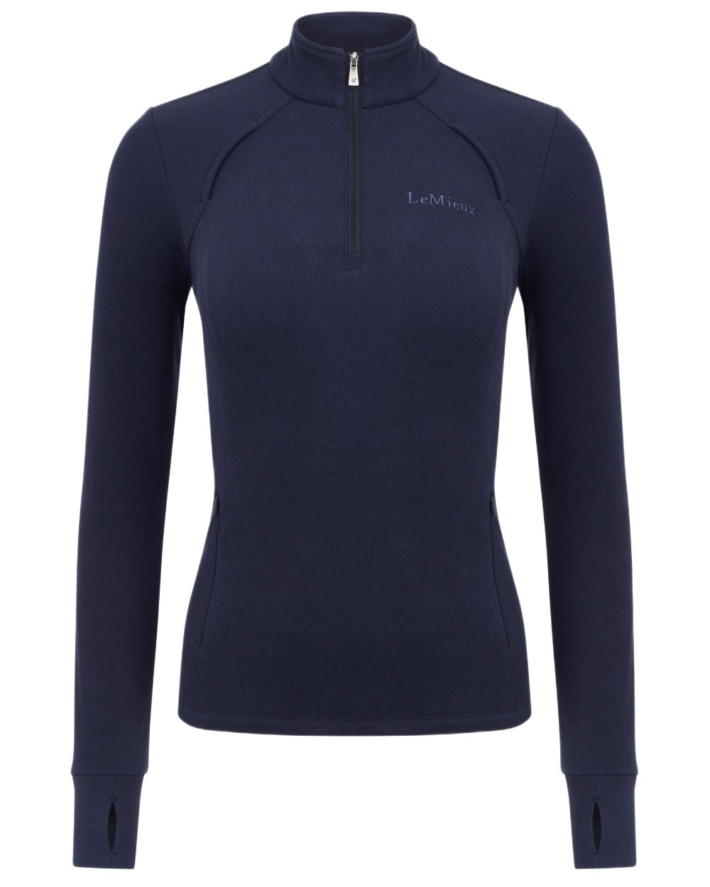 Navy coloured LeMieux Frances Quarter Zip Fleece on white background 