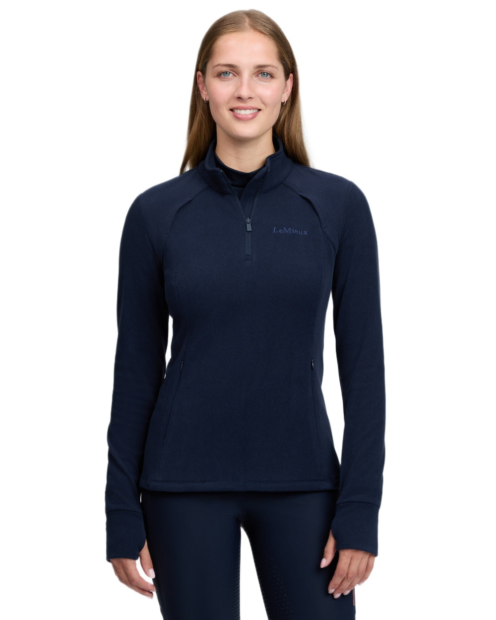 Navy coloured LeMieux Frances Quarter Zip Fleece on white background 