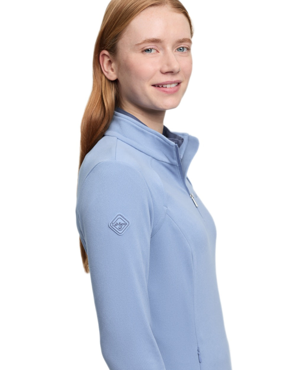 Powder Blue coloured LeMieux Frances Quarter Zip Fleece on white background 