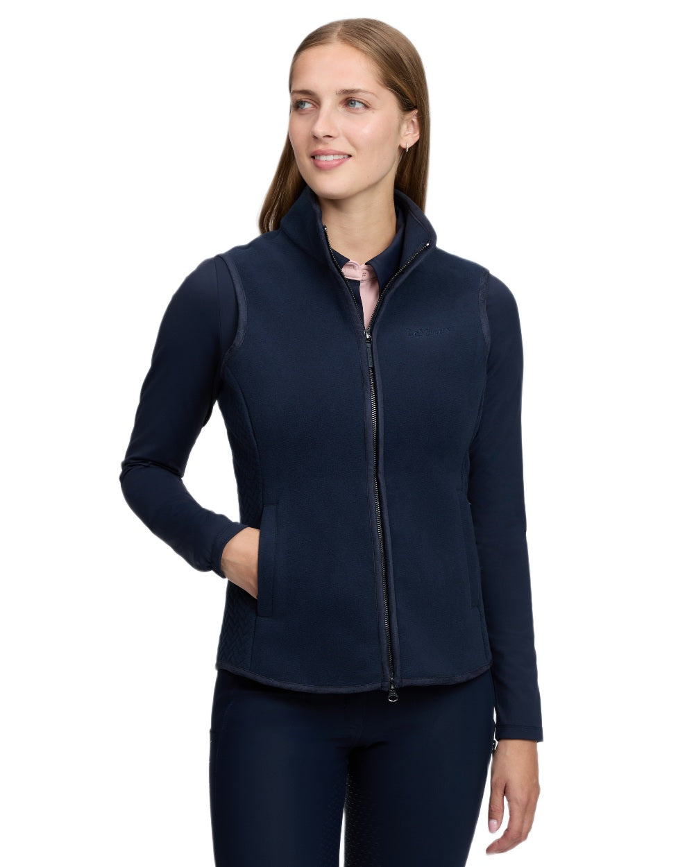Navy coloured LeMieux Womens Frankie Fleece Gilet on white background 