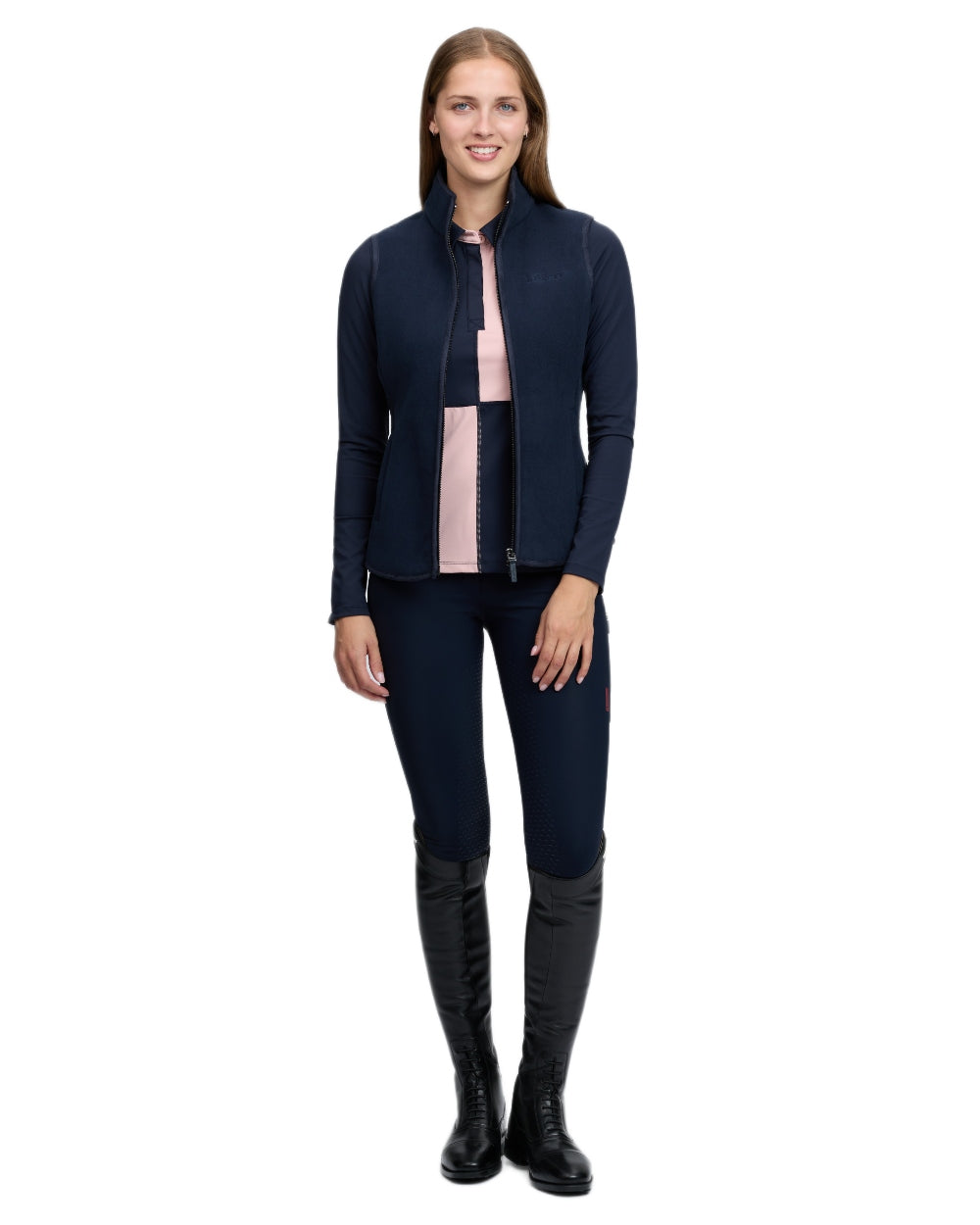 Navy coloured LeMieux Womens Frankie Fleece Gilet on white background 