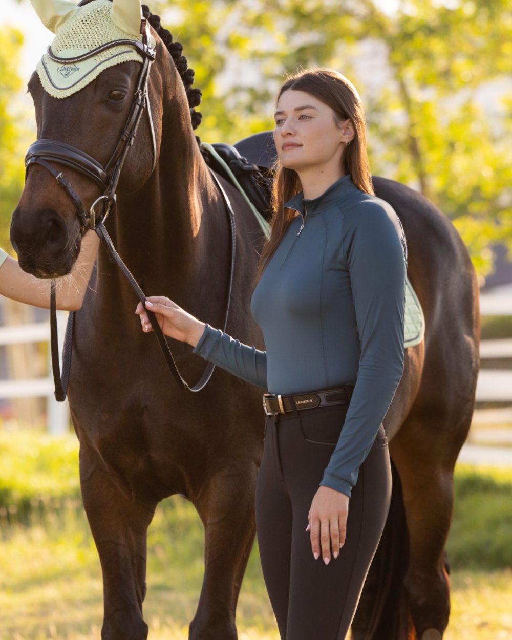 Jungle coloured LeMieux Womens Halle Lightweight Base Layer on outdoor background 