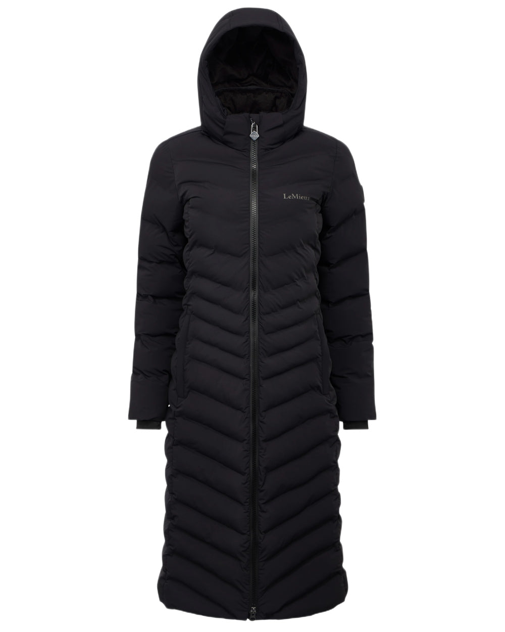 Black coloured LeMieux Womens Hayley Water Resistant Longline Puffer Coat on white background 