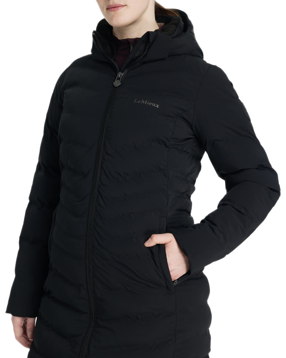 Black coloured LeMieux Womens Hayley Water Resistant Longline Puffer Coat on white background 