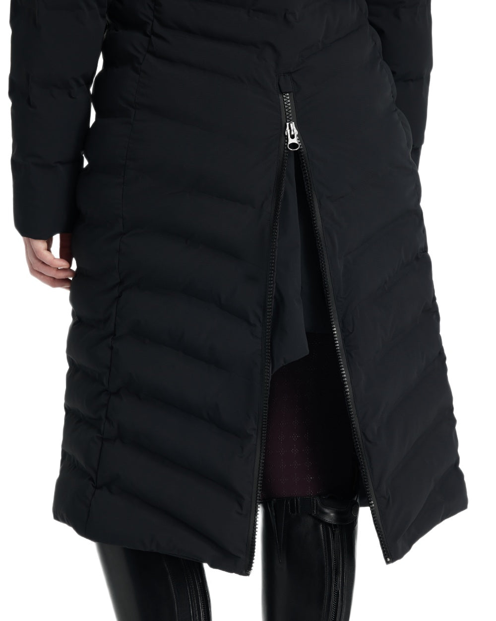 Black coloured LeMieux Womens Hayley Water Resistant Longline Puffer Coat on white background 