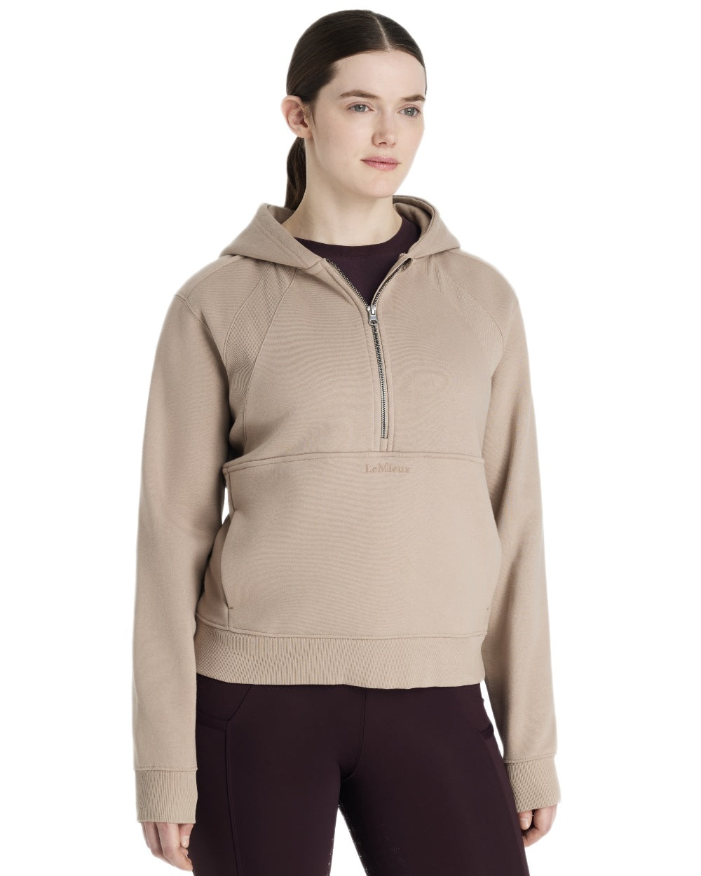 Almond coloured LeMieux Womens Henrietta Half Zip Hoodie on white background 
