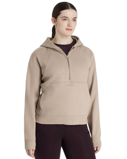 Almond coloured LeMieux Womens Henrietta Half Zip Hoodie on white background 
