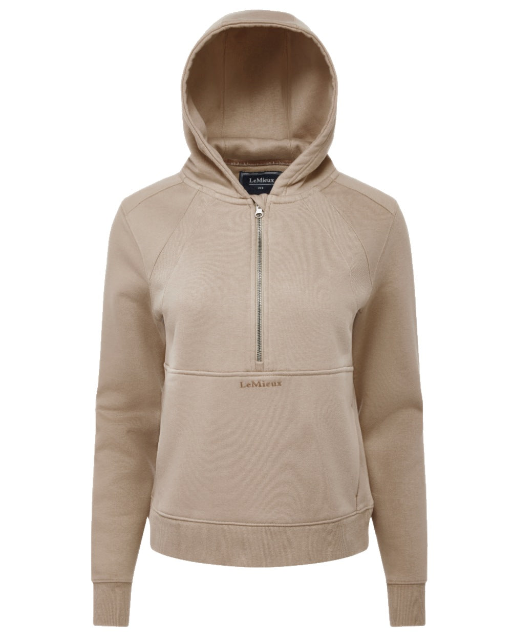 Almond coloured LeMieux Womens Henrietta Half Zip Hoodie on white background 
