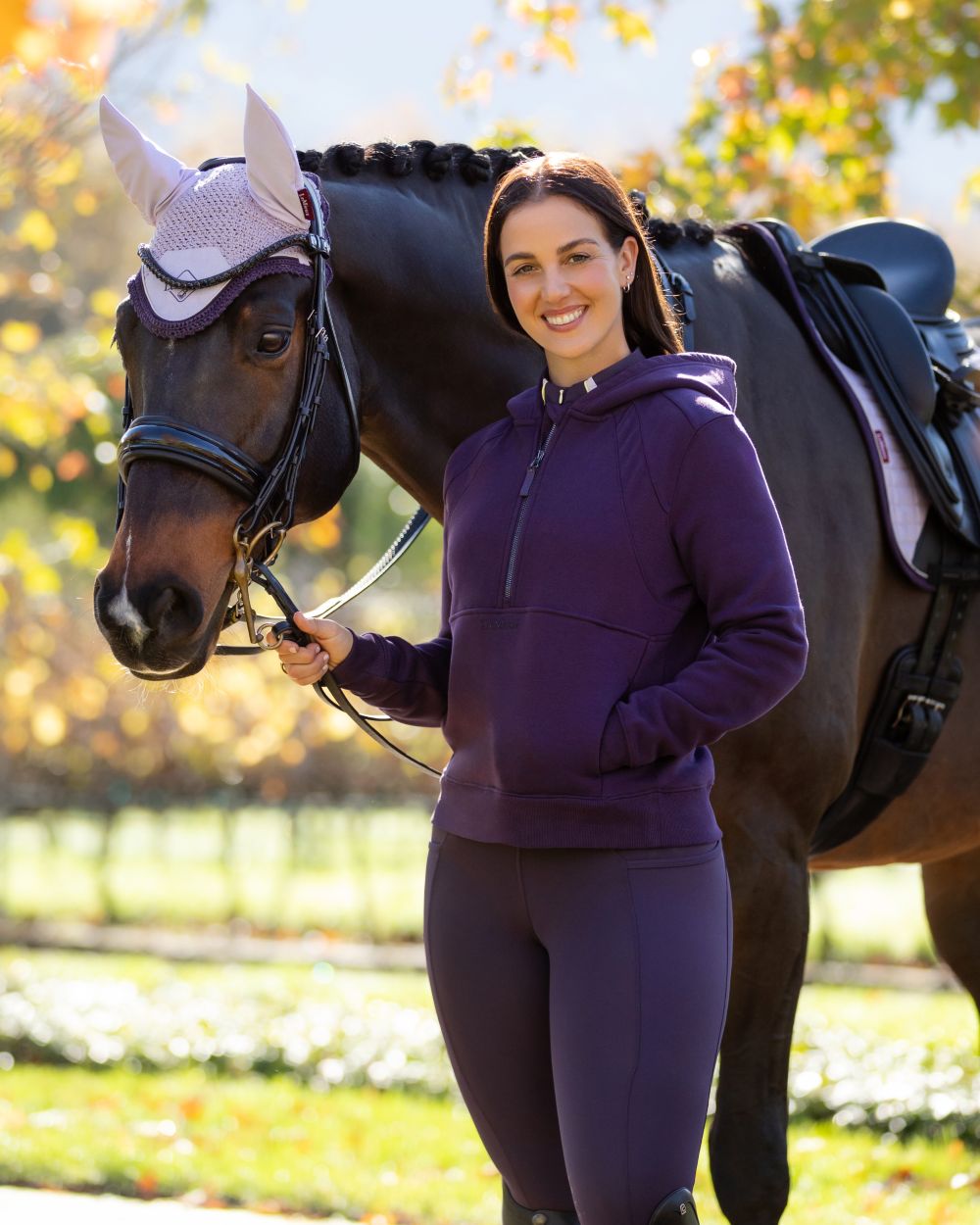 Juniper coloured LeMieux Womens Henrietta Half Zip Hoodie on tree background 