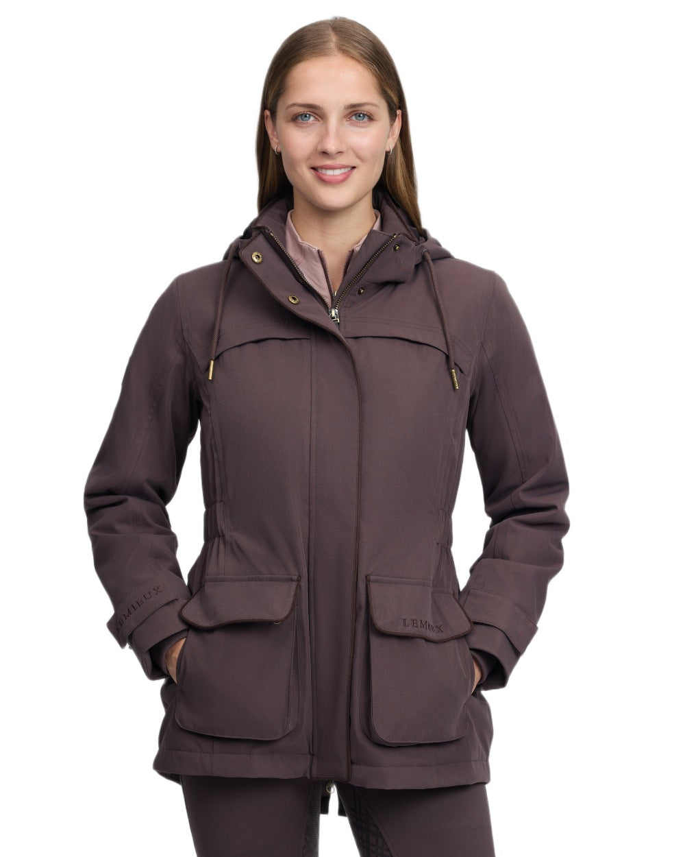 Cocoa coloured LeMieux Womens Heritage Beatrice Waterproof Coat on white background 