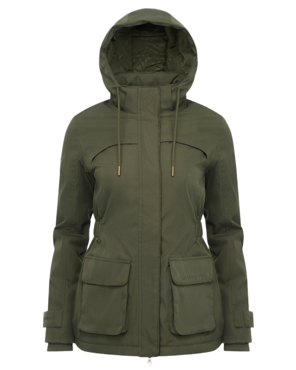 Olive coloured LeMieux Womens Heritage Beatrice Waterproof Coat on white background 