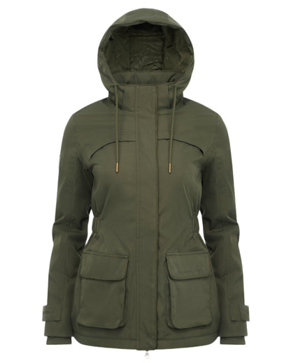 Olive coloured LeMieux Womens Heritage Beatrice Waterproof Coat on white background 
