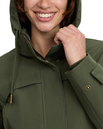 Olive coloured LeMieux Womens Heritage Beatrice Waterproof Coat on white background 