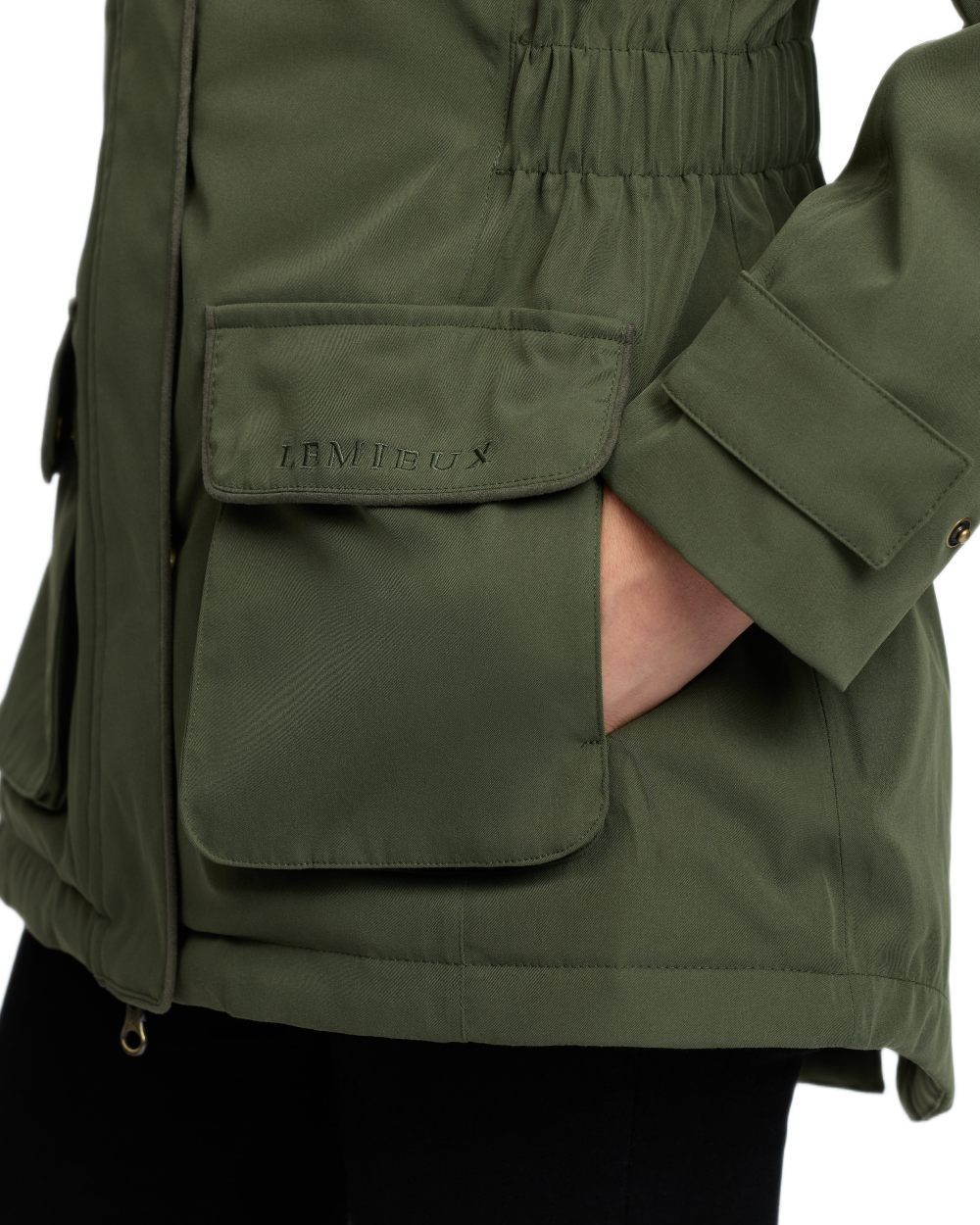 Olive coloured LeMieux Womens Heritage Beatrice Waterproof Coat on white background 