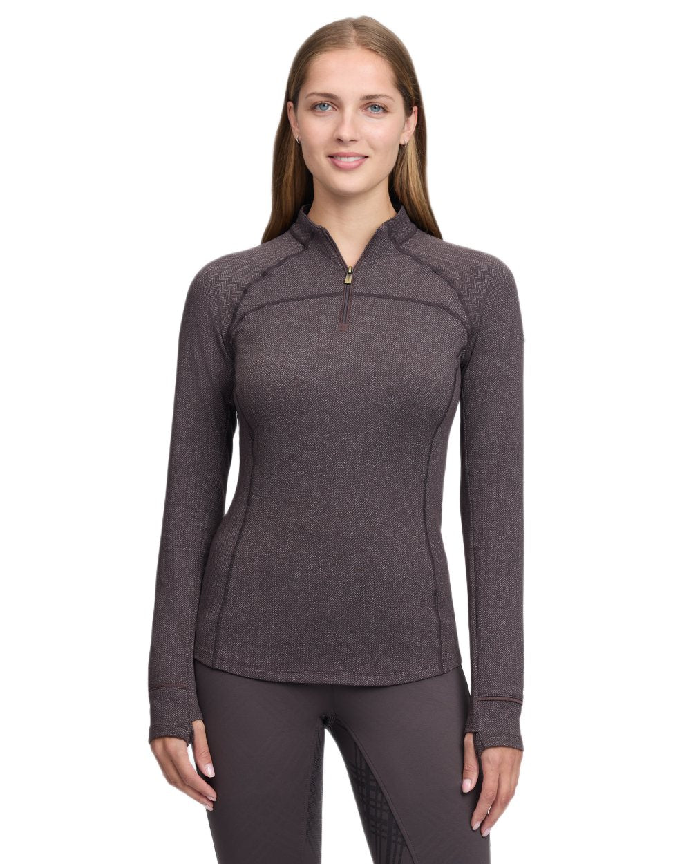 Cocoa coloured LeMieux Womens Heritage Herringbone Base Layer on white background 