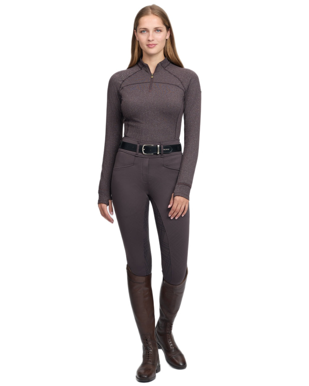 Cocoa coloured LeMieux Womens Heritage Herringbone Base Layer on white background 