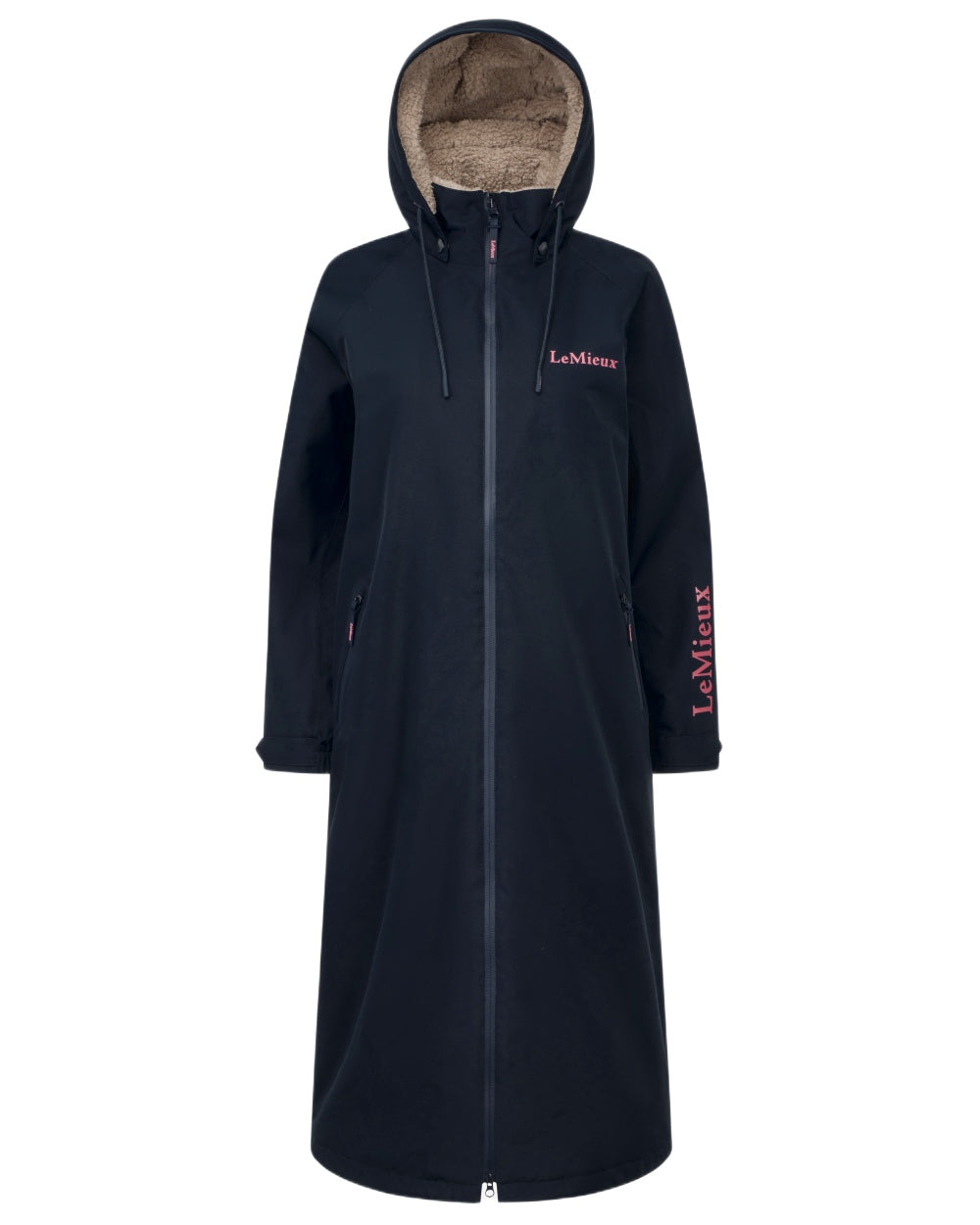 Navy coloured LeMieux Womens HydroShield Robe Long Coat on white background 