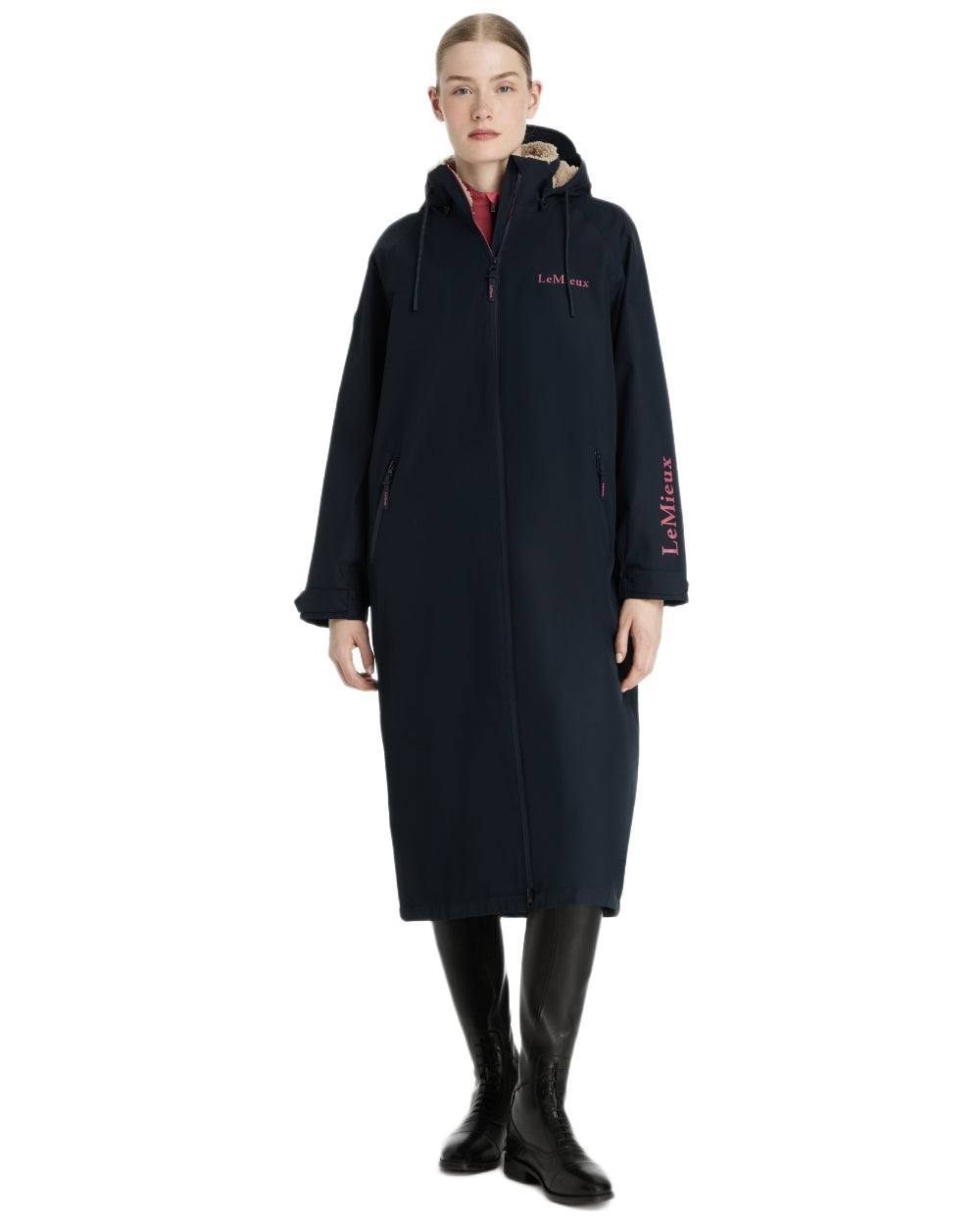 Navy coloured LeMieux Womens HydroShield Robe Long Coat on white background 