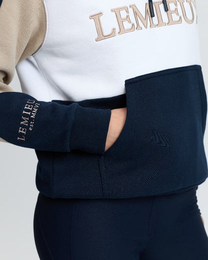Navy Coloured LeMieux Womens Kadie Colour Block Hoodie on White Background 