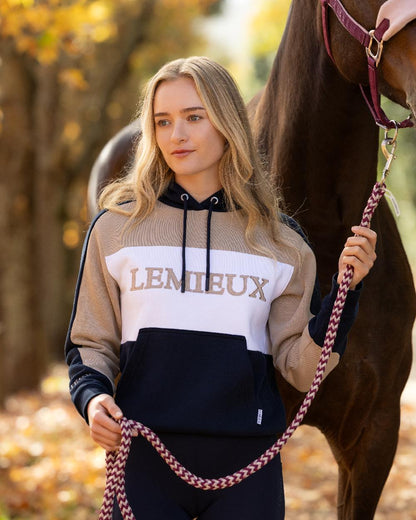 Navy Coloured LeMieux Womens Kadie Colour Block Hoodie on Forest Background 
